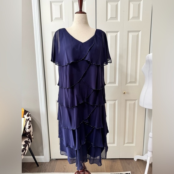 patra Dresses & Skirts - Patra Navy Blue Tiered Midi Dress V-Neck